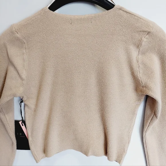 Crop Sweater Womens Small Taupe Knot Front Cropped V Neck Long Sleeve New - Picture 7 of 12